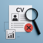 Illustration of a CV document with a magnifying glass, a red rejection symbol, and data charts—symbolizing common resume mistakes that lead to lost interview opportunities.