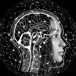 Profile of a woman's face overlaid with a digital brain and neural network, symbolizing the connection between human thinking and machine learning.