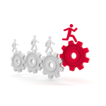 Concept of leadership transition with red gear symbolizing a mindful leader standing out from supervisors in a team setting.
