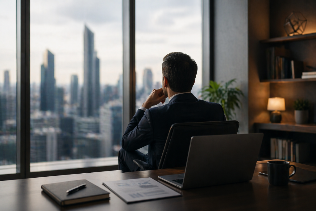 Senior business professional sitting in a modern office, looking out over a city skyline while reflecting, with a laptop and documents on the desk, representing leadership, decision-making, and executive thinking.
