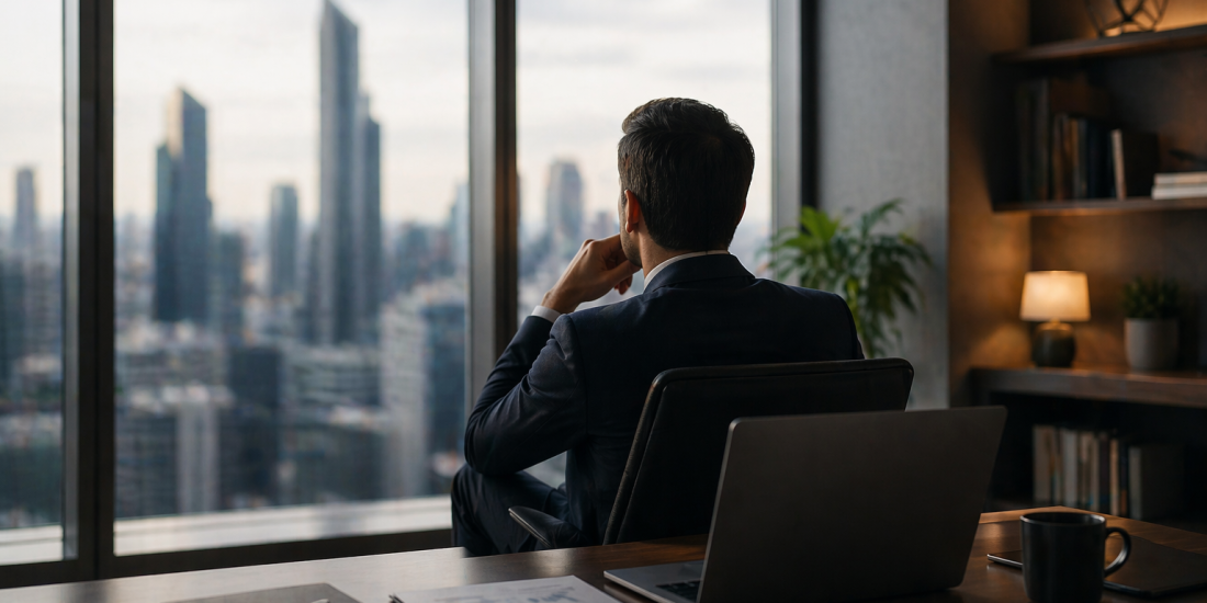 Senior business professional sitting in a modern office, looking out over a city skyline while reflecting, with a laptop and documents on the desk, representing leadership, decision-making, and executive thinking.