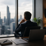 Senior business professional sitting in a modern office, looking out over a city skyline while reflecting, with a laptop and documents on the desk, representing leadership, decision-making, and executive thinking.