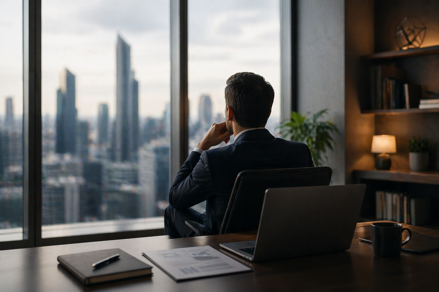 Senior business professional sitting in a modern office, looking out over a city skyline while reflecting, with a laptop and documents on the desk, representing leadership, decision-making, and executive thinking.