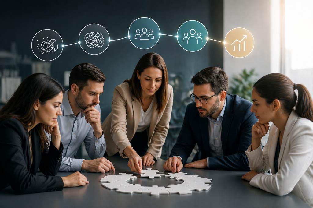 Professional team collaborating in a modern office, assembling puzzle pieces as a symbol of teamwork and alignment, with visual icons above illustrating stages of team development and business growth