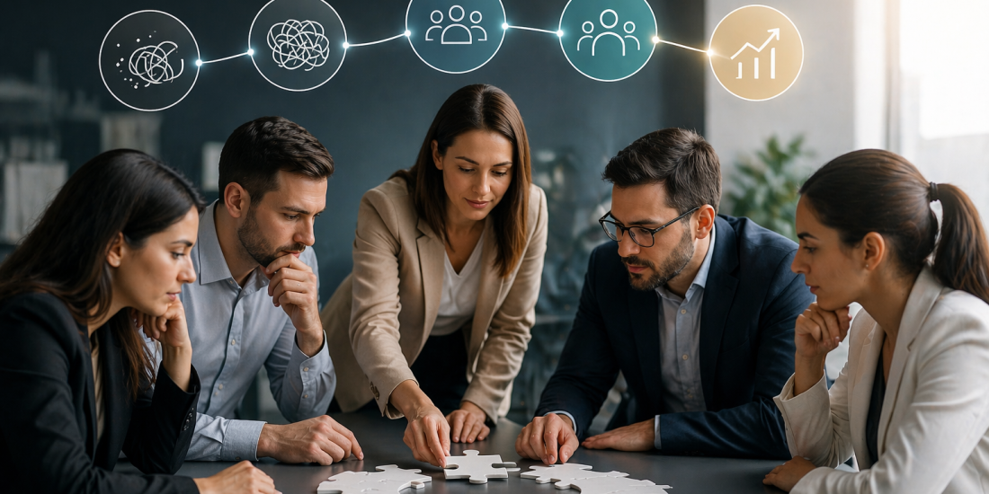 Professional team collaborating in a modern office, assembling puzzle pieces as a symbol of teamwork and alignment, with visual icons above illustrating stages of team development and business growth