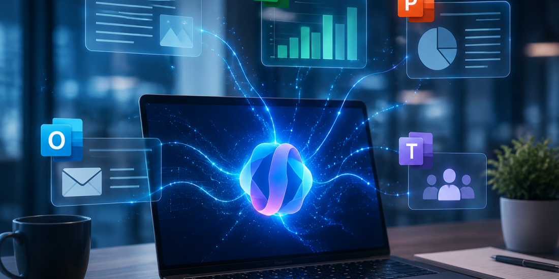Futuristic modern office with M365 Copilot AI interface, holographic data streams, and professionals collaborating on Word, Excel, PowerPoint, Outlook, and Teams.
