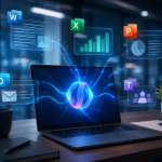 Futuristic modern office with M365 Copilot AI interface, holographic data streams, and professionals collaborating on Word, Excel, PowerPoint, Outlook, and Teams.
