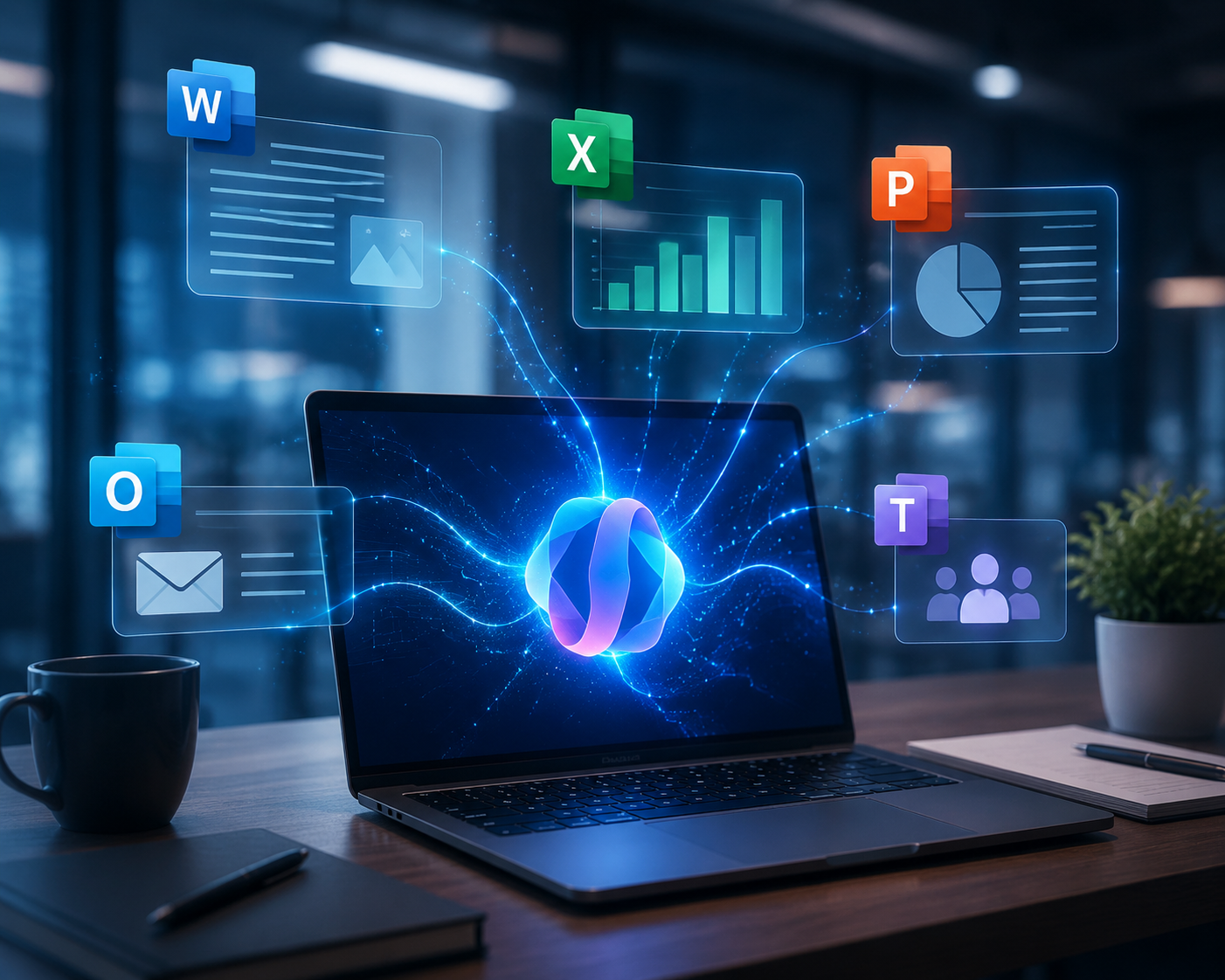 Futuristic modern office with M365 Copilot AI interface, holographic data streams, and professionals collaborating on Word, Excel, PowerPoint, Outlook, and Teams.